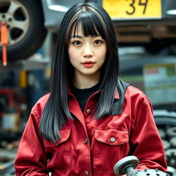 A 27-year-old Korean woman with straight black hair that falls to her shoulders, styled practically as she works in a car repair shop