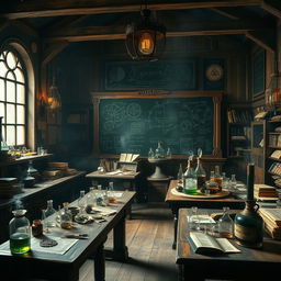 A magical alchemy classroom filled with ancient alchemical books, bubbling potions, and intricate glassware