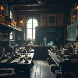 A magical alchemy classroom filled with ancient alchemical books, bubbling potions, and intricate glassware