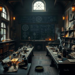 A magical alchemy classroom filled with ancient alchemical books, bubbling potions, and intricate glassware