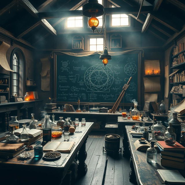 A magical alchemy classroom filled with ancient alchemical books, bubbling potions, and intricate glassware