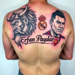 A striking tattoo design for the back featuring the name 'Erfan Paydar' prominently in the center