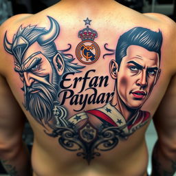 A striking tattoo design for the back featuring the name 'Erfan Paydar' prominently in the center