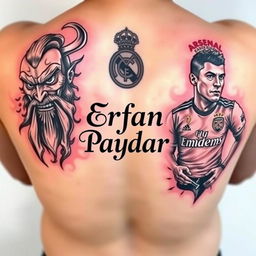 A striking tattoo design for the back featuring the name 'Erfan Paydar' prominently in the center