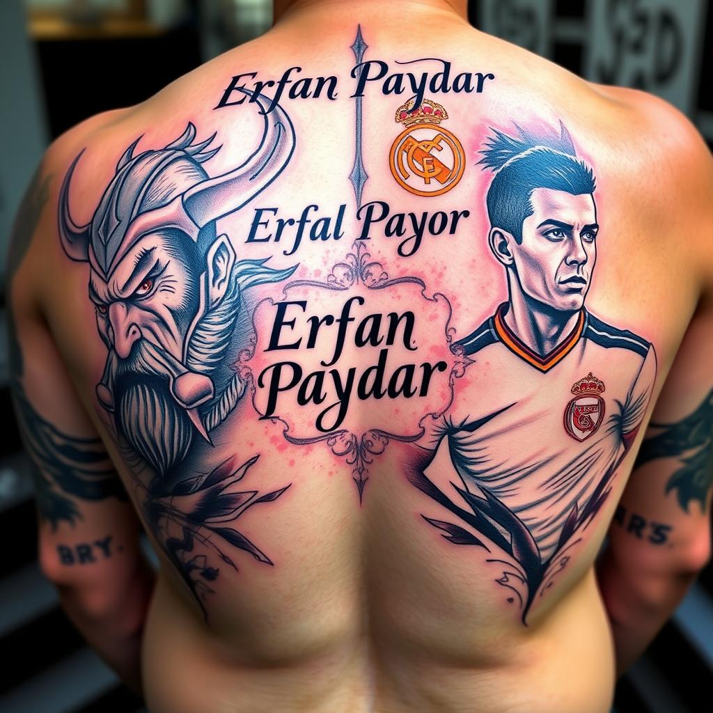 A striking tattoo design for the back featuring the name 'Erfan Paydar' prominently in the center