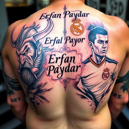 A striking tattoo design for the back featuring the name 'Erfan Paydar' prominently in the center