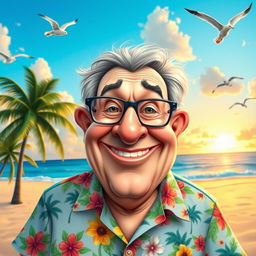 A whimsical caricature of a middle-aged man with exaggerated features: oversized glasses, a large nose, and a big smile
