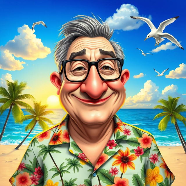 A whimsical caricature of a middle-aged man with exaggerated features: oversized glasses, a large nose, and a big smile