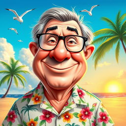 A whimsical caricature of a middle-aged man with exaggerated features: oversized glasses, a large nose, and a big smile