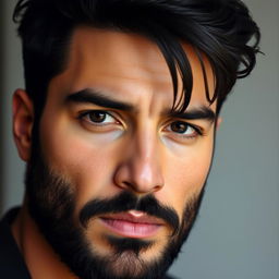A close-up portrait of a man with a dark, neatly trimmed beard and dense, heavy hair on his head
