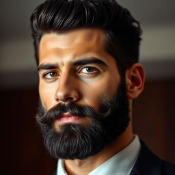 A close-up portrait of a man with a dark, neatly trimmed beard and dense, heavy hair on his head