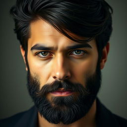 A close-up portrait of a man with a dark, neatly trimmed beard and dense, heavy hair on his head