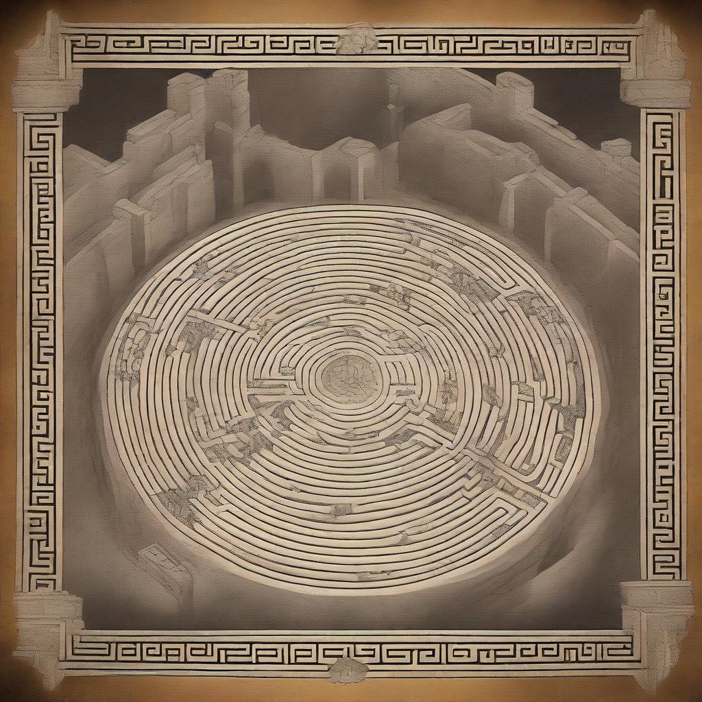 A high-quality digital art image that transforms the 'Labyrinth of Curses' cover to resemble a scene from Greek mythology, specifically the labyrinth of the Minotaur