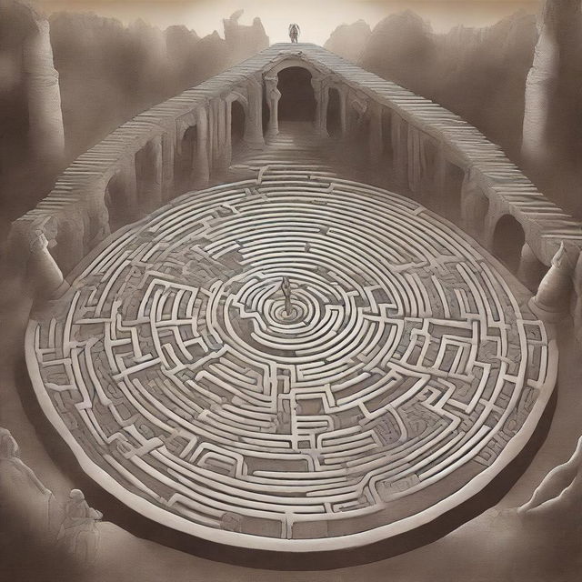 A high-quality digital art image that transforms the 'Labyrinth of Curses' cover to resemble a scene from Greek mythology, specifically the labyrinth of the Minotaur