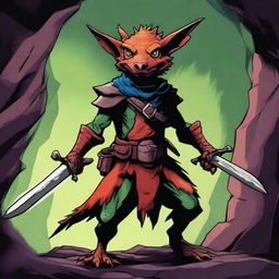 A vivid digital art image showcasing a kobold, a creature from the Dungeons and Dragons universe, armed with a sharp sword