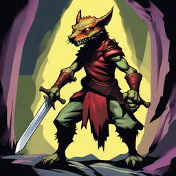 A vivid digital art image showcasing a kobold, a creature from the Dungeons and Dragons universe, armed with a sharp sword