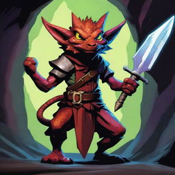 A vivid digital art image showcasing a kobold, a creature from the Dungeons and Dragons universe, armed with a sharp sword