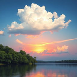 A serene landscape featuring a vibrant sunset over a calm lake, with lush green trees lining the shore
