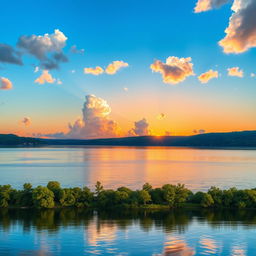 A serene landscape featuring a vibrant sunset over a calm lake, with lush green trees lining the shore