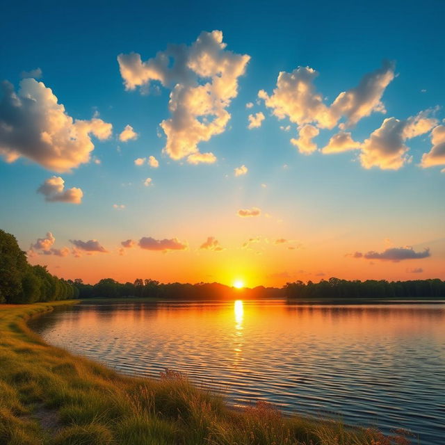 A serene landscape featuring a vibrant sunset over a calm lake, with lush green trees lining the shore