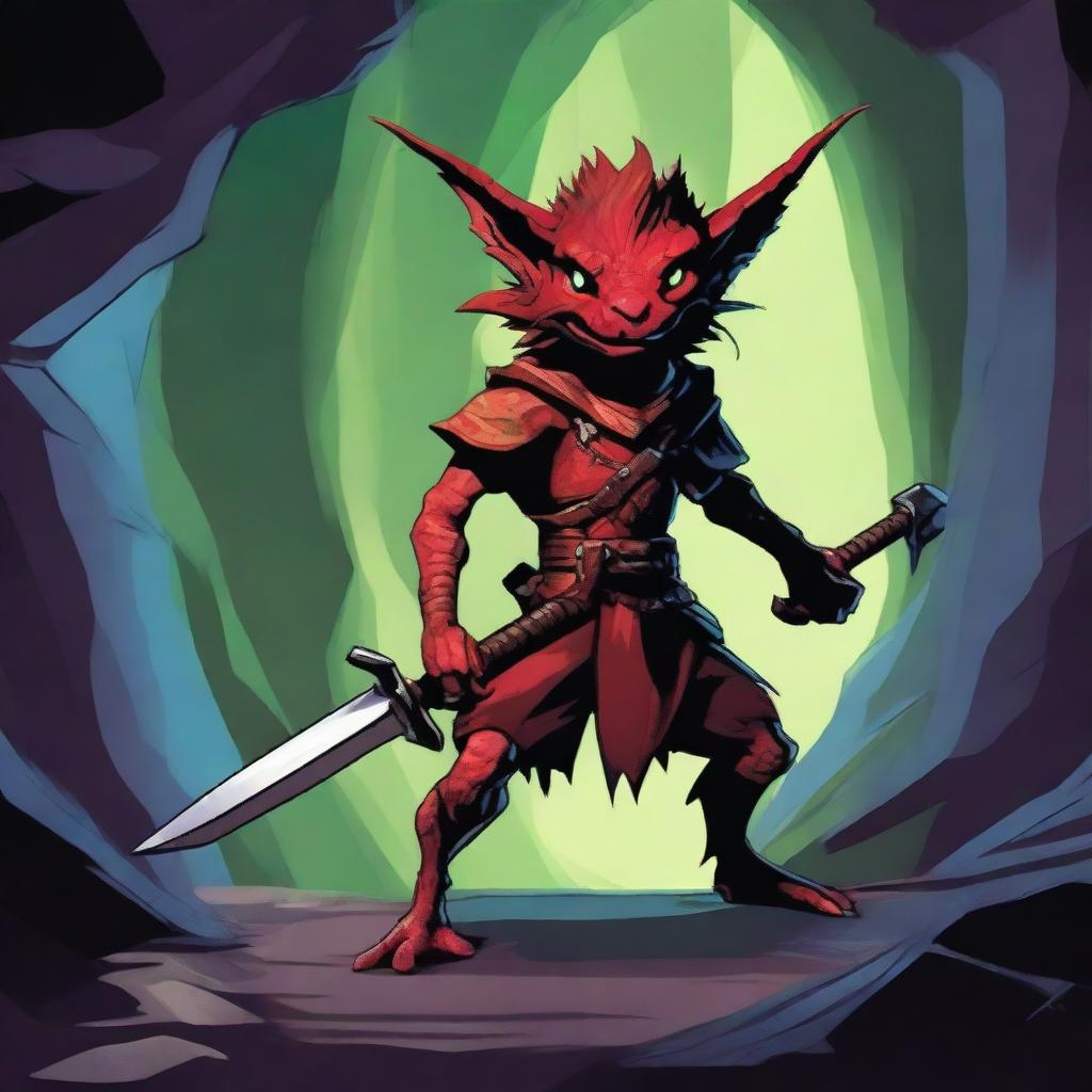 A vivid digital art image showcasing a kobold, a creature from the Dungeons and Dragons universe, armed with a sharp sword