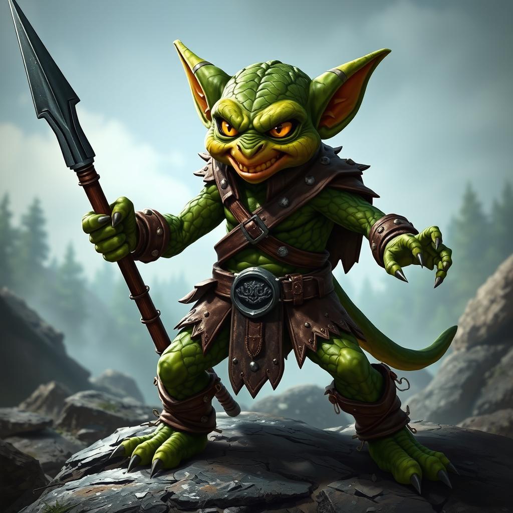 A fierce green-skinned Kobold Fighter standing in a dynamic battle-ready pose, gripping a sharp spear firmly