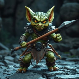 A fierce green-skinned Kobold Fighter standing in a dynamic battle-ready pose, gripping a sharp spear firmly