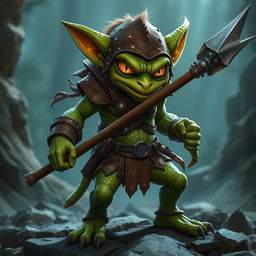 A fierce green-skinned Kobold Fighter standing in a dynamic battle-ready pose, gripping a sharp spear firmly