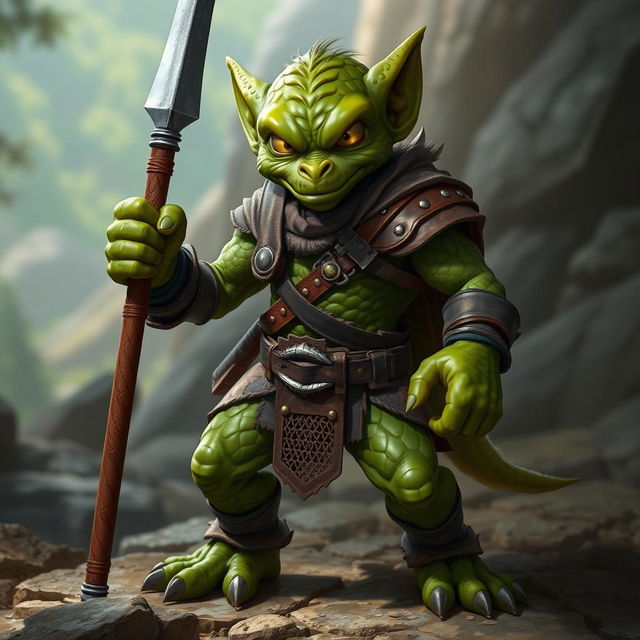 A fierce green-skinned Kobold Fighter standing in a dynamic battle-ready pose, gripping a sharp spear firmly