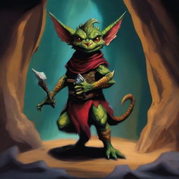 An oil painting style image of a kobold, a mythical creature from the Dungeons and Dragons universe