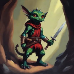 An oil painting style image of a kobold, a mythical creature from the Dungeons and Dragons universe