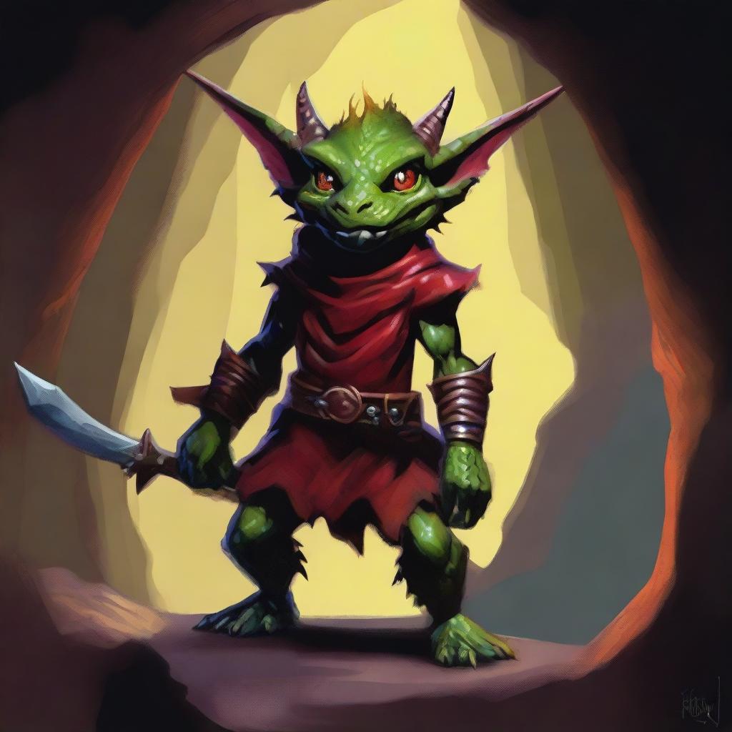 An oil painting style image of a kobold, a mythical creature from the Dungeons and Dragons universe