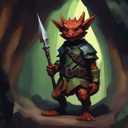 An oil painting style image of a kobold, a mythical creature from the Dungeons and Dragons universe