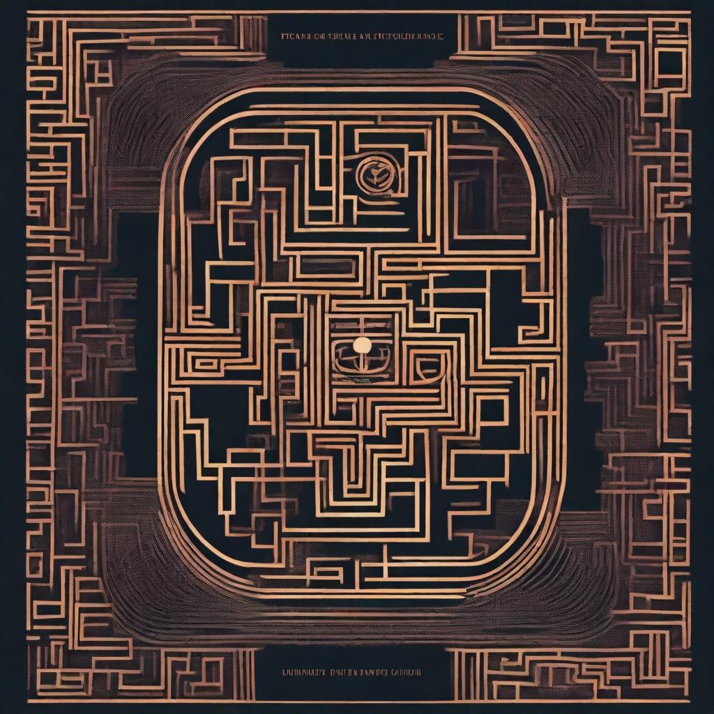 An abstract book cover featuring a dark, intricate labyrinth, rendered in eerie colors