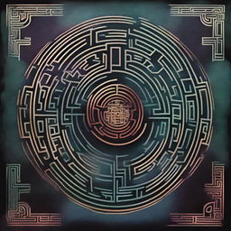 An abstract book cover featuring a dark, intricate labyrinth, rendered in eerie colors