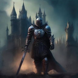 This image, rendered in a traditional oil painting style, depicts a gothic undead knight standing in front of a foreboding dark castle