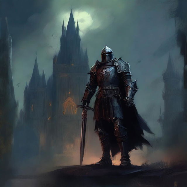 This image, rendered in a traditional oil painting style, depicts a gothic undead knight standing in front of a foreboding dark castle