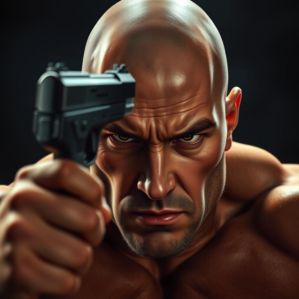 A scene depicting a brave, bald man with an intense expression, with a gun pressed against his forehead