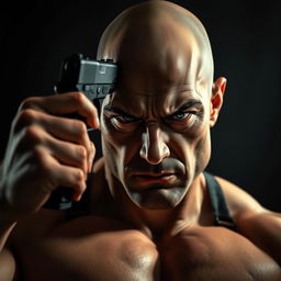 A scene depicting a brave, bald man with an intense expression, with a gun pressed against his forehead