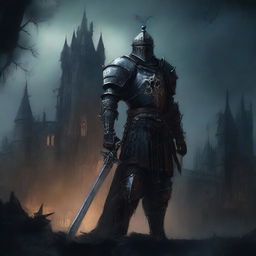 This image, rendered in a traditional oil painting style, depicts a gothic undead knight standing in front of a foreboding dark castle