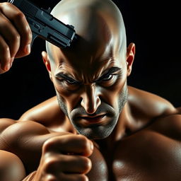 A scene depicting a brave, bald man with an intense expression, with a gun pressed against his forehead