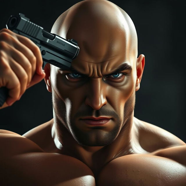 A scene depicting a brave, bald man with an intense expression, with a gun pressed against his forehead