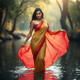 A seductive woman wearing a beautifully colored sari, standing confidently in shallow water
