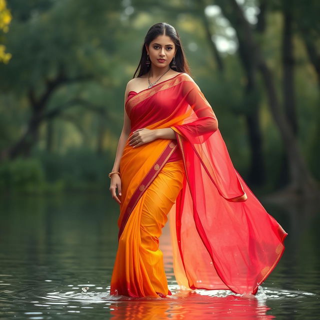 A seductive woman wearing a beautifully colored sari, standing confidently in shallow water