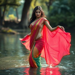 A seductive woman wearing a beautifully colored sari, standing confidently in shallow water