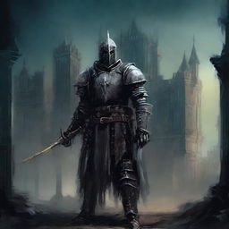 This image, rendered in a traditional oil painting style, depicts a gothic undead knight standing in front of a foreboding dark castle