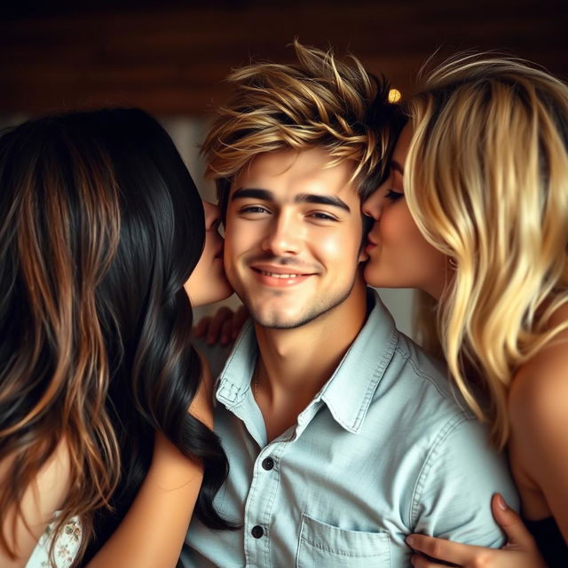 A group of three attractive individuals, two women and one man, sharing an intimate moment as they kiss the man on his lips