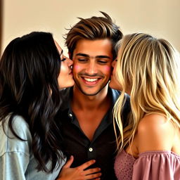 A group of three attractive individuals, two women and one man, sharing an intimate moment as they kiss the man on his lips