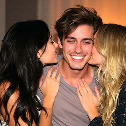 A group of three attractive individuals, two women and one man, sharing an intimate moment as they kiss the man on his lips