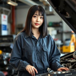 A 27-year-old Korean woman with straight black hair that falls to her shoulders